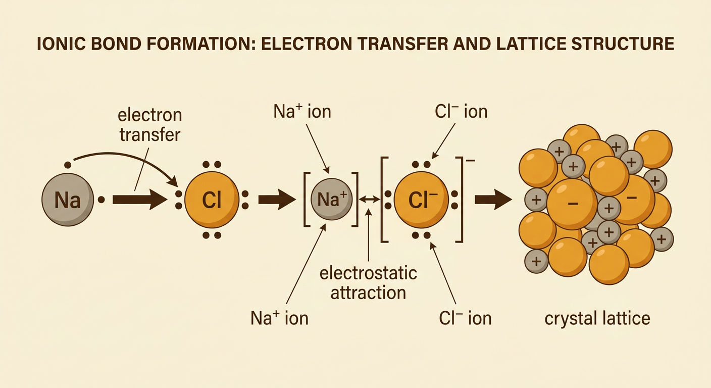 A sodium electron transfers to chlorine, producing oppositely charged ions arranged in a crystal lattice.
