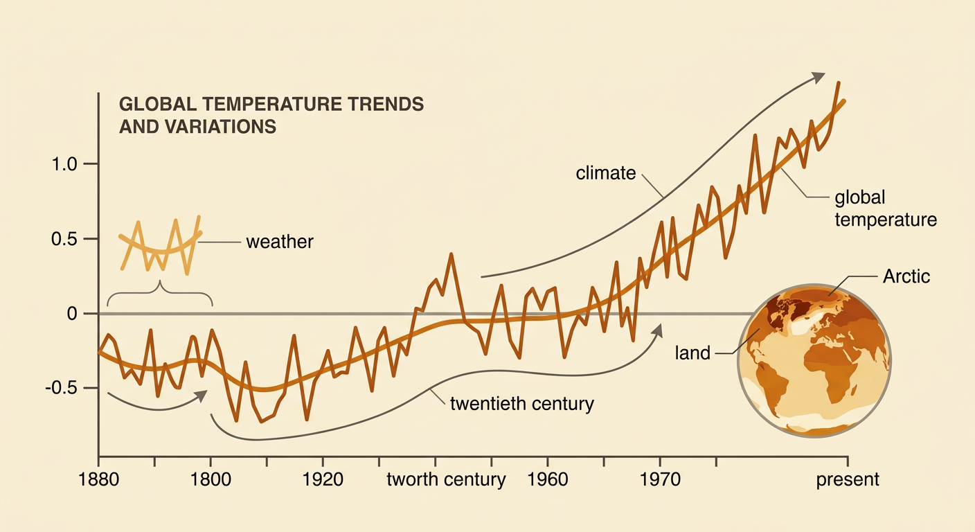 A split climate diagram contrasts one snowy week with a rising global temperature line and highlights faster warming over land and the Arctic.