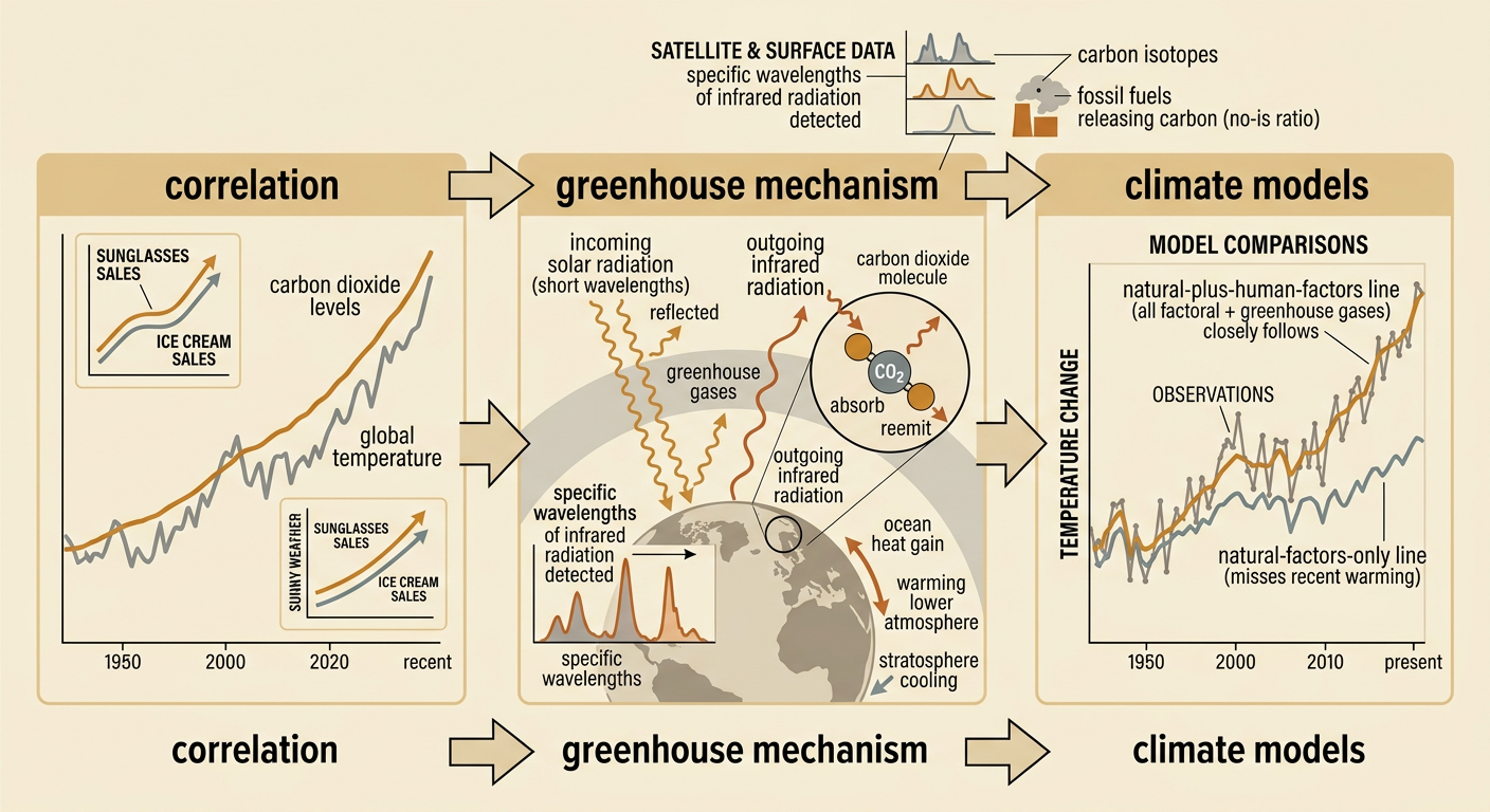 A connected evidence diagram links the greenhouse mechanism to carbon isotopes, ocean heat gain, atmospheric changes, and climate model results.