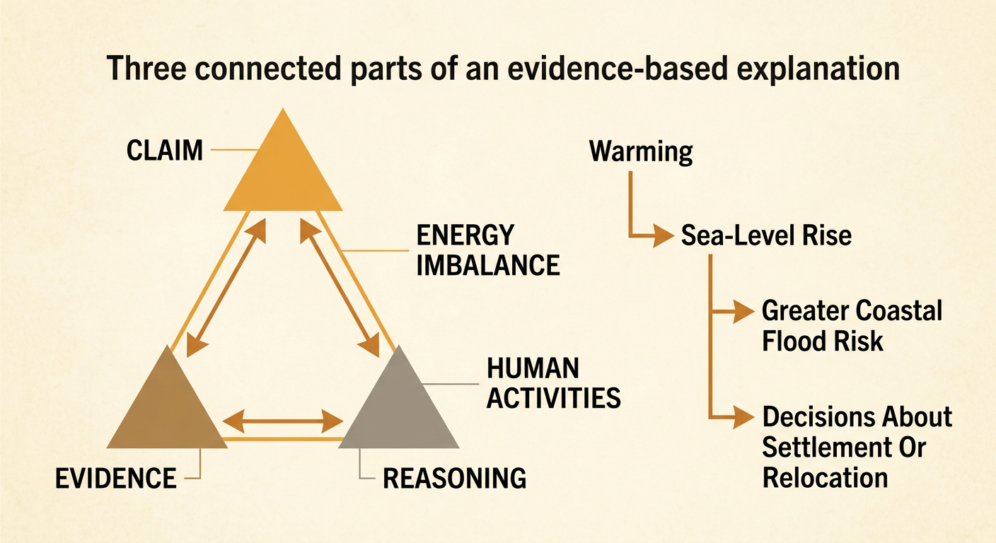A claim-evidence-reasoning triangle connects human activities, measured climate evidence, and the greenhouse energy imbalance.