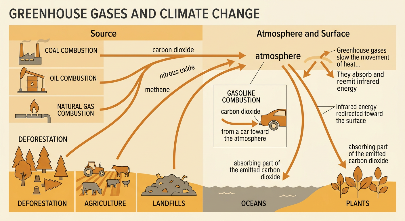 A greenhouse-effect diagram shows emissions from a car, factory, farm, and deforested land adding heat-trapping gases to the atmosphere.