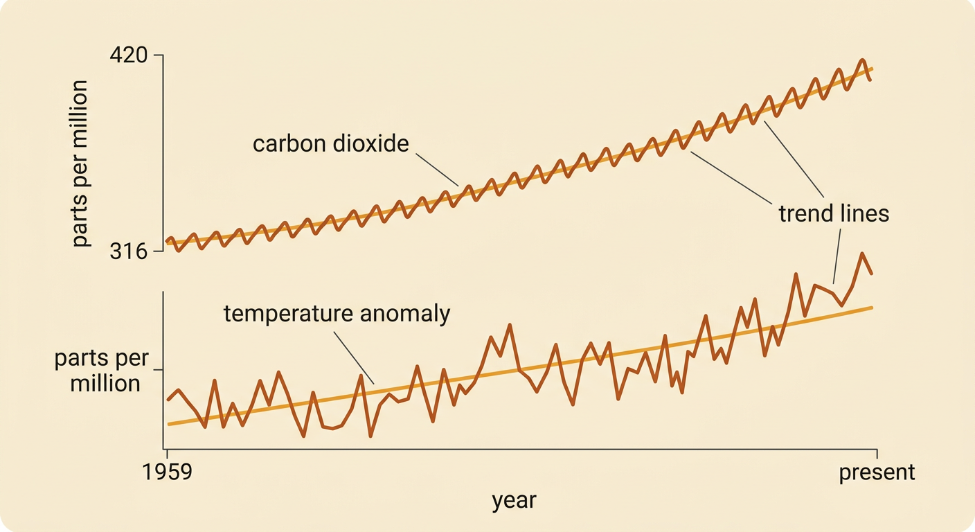 A two-scale line graph shows atmospheric carbon dioxide and temperature anomaly generally rising from 1959 to recent years.