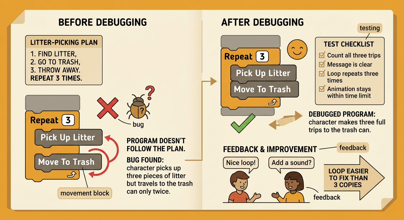 Two code panels show a movement block in the wrong place and then correctly moved into the loop while a partner gives feedback.