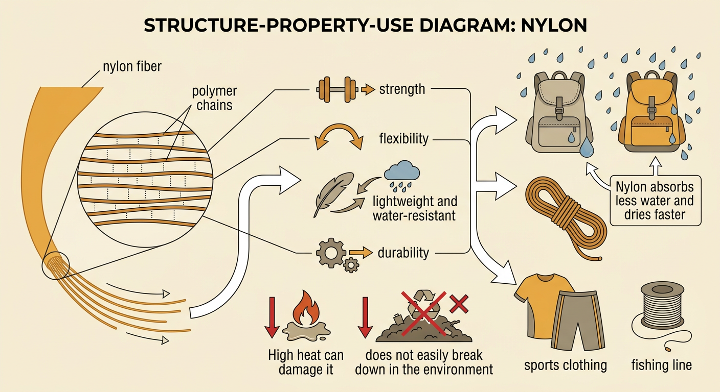 A nylon backpack and rope are shown beside a magnified nylon fiber containing long polymer chains.