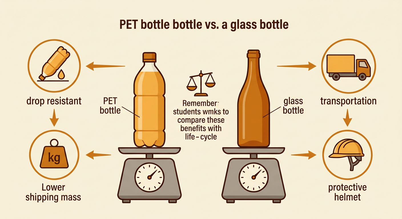 A PET bottle and a shattered glass bottle are compared beside a delivery truck and protective helmet.