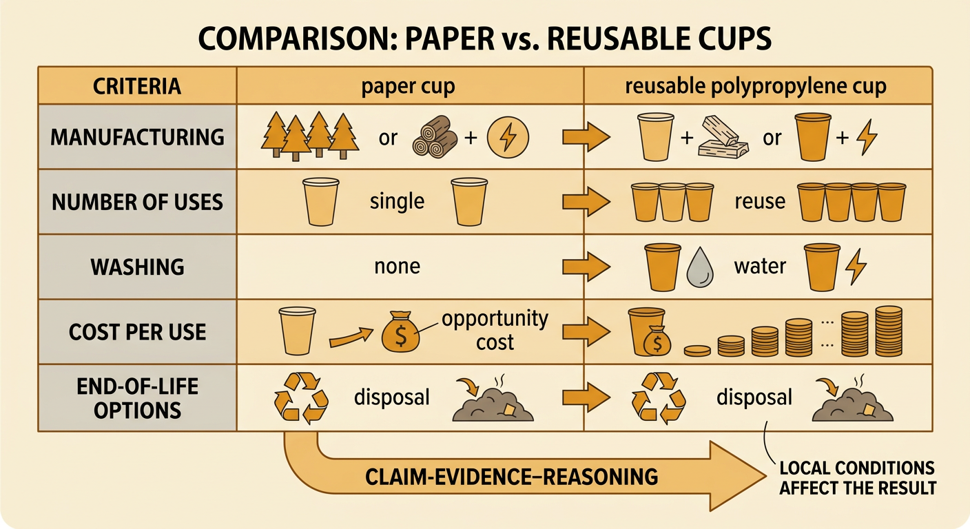 A cafeteria decision chart compares a paper cup with a reusable polypropylene cup using cost, washing, reuse, and disposal evidence.