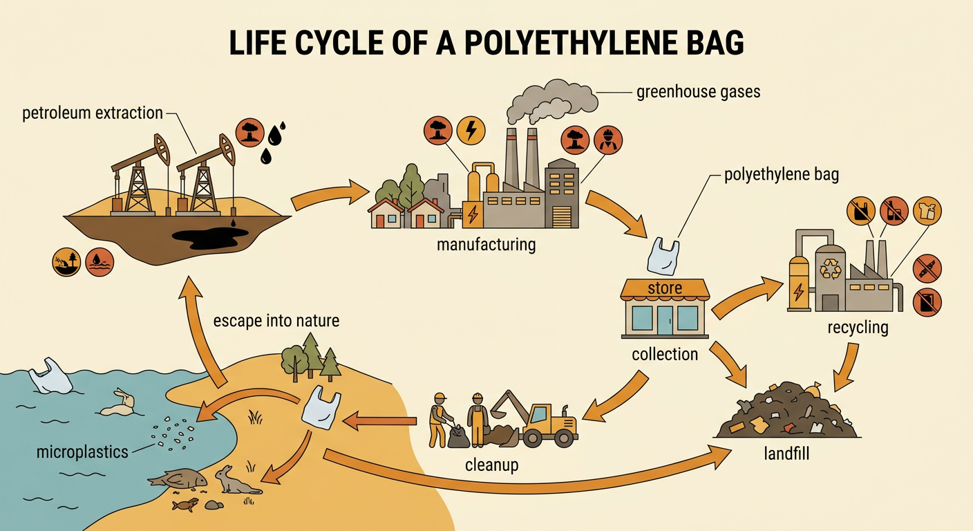 A polyethylene bag's life cycle runs from petroleum extraction and a factory to litter, wildlife, and microplastics.