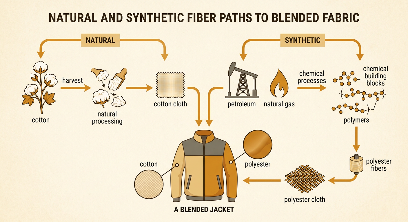A cutaway jacket shows cotton and polyester fibers connected to their natural resource sources.