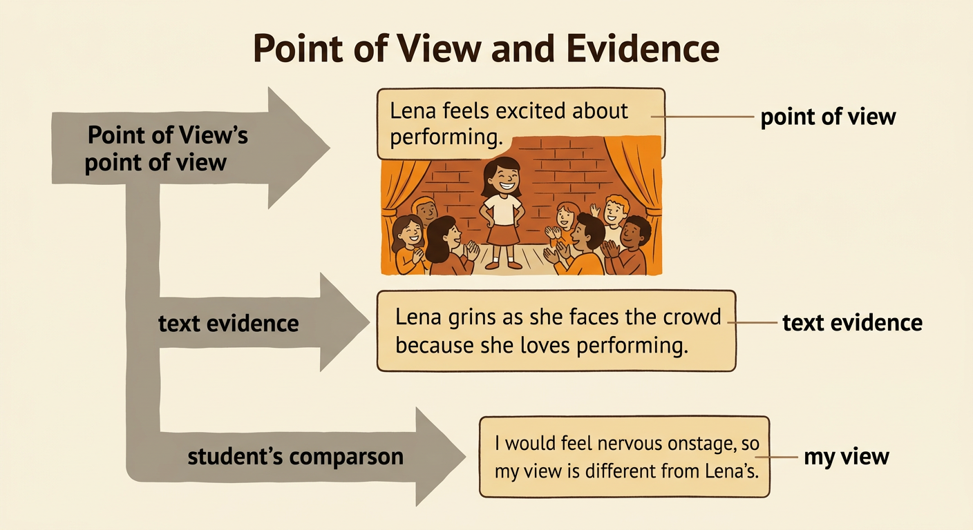 Lena grins confidently onstage while another child imagines feeling nervous before the same crowd.