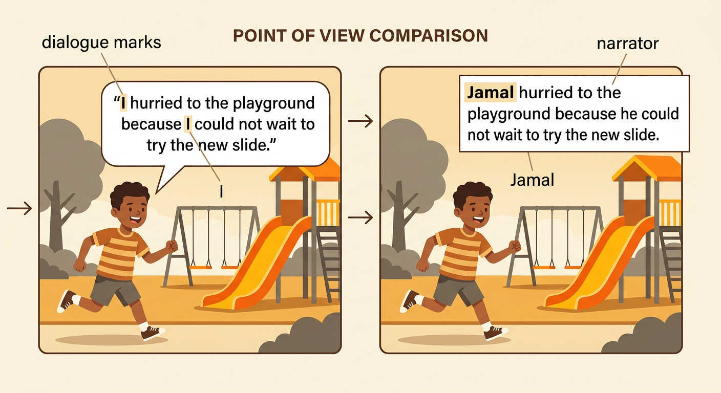 A character and an outside narrator describe Jamal hurrying toward a new playground slide.