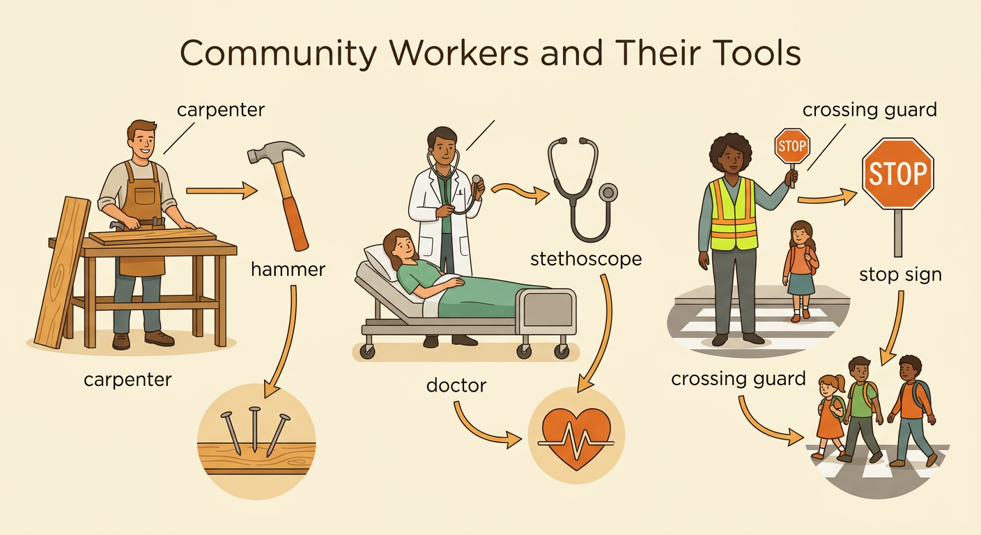 A carpenter holds a hammer, a doctor uses a stethoscope, and a crossing guard raises a stop sign.