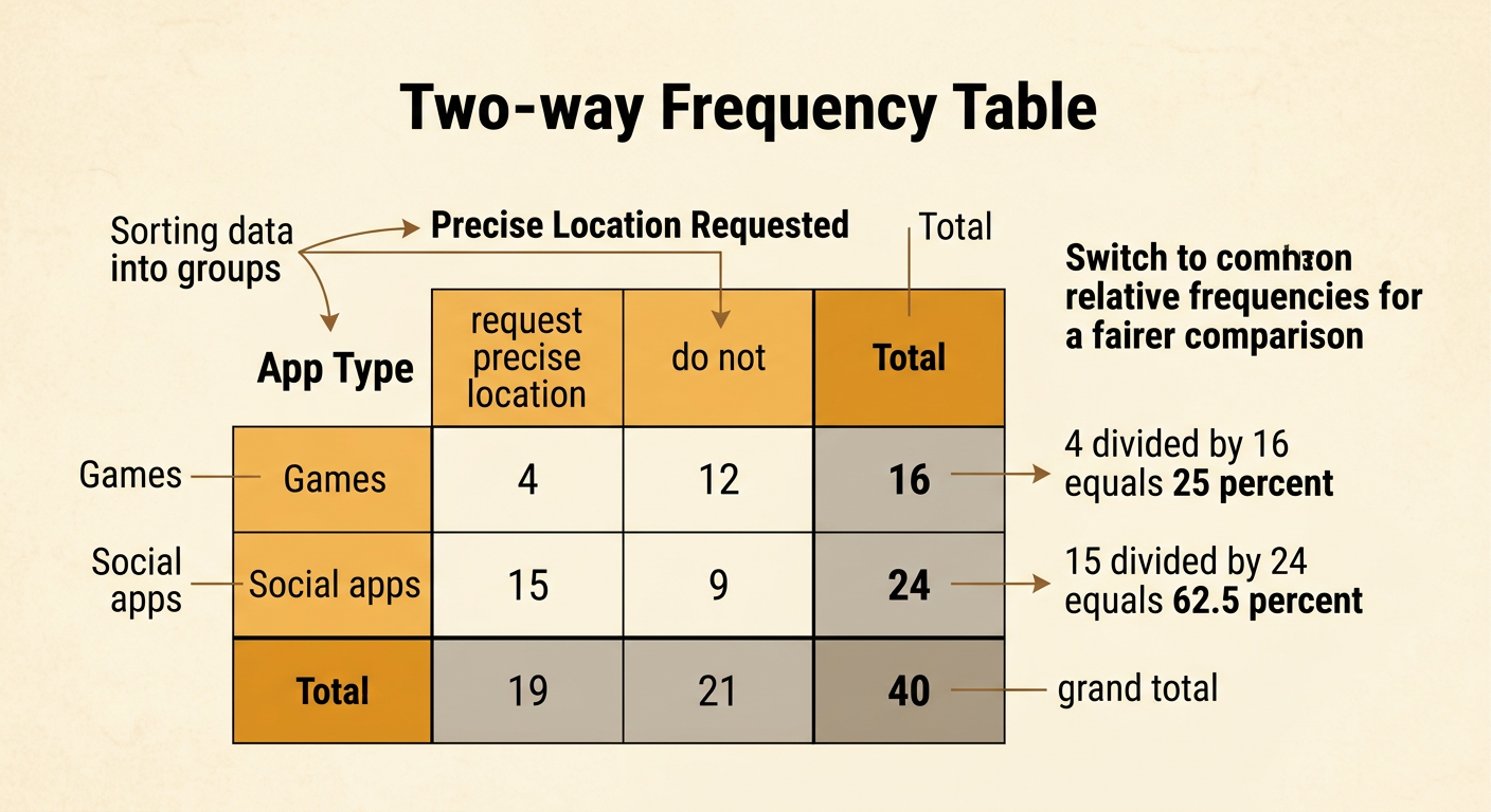 A completed two-way frequency table compares precise-location requests by games and social apps.