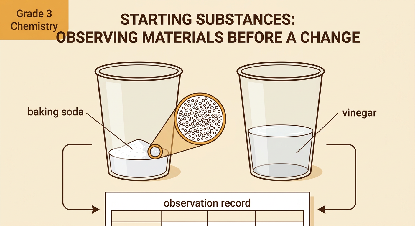 Two clear cups hold baking soda and vinegar beside a written observation record.