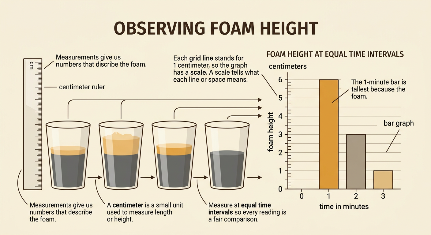 A ruler measures foam beside a cup while a scaled bar graph shows heights of 0, 6, 3, and 1 centimeters over time.