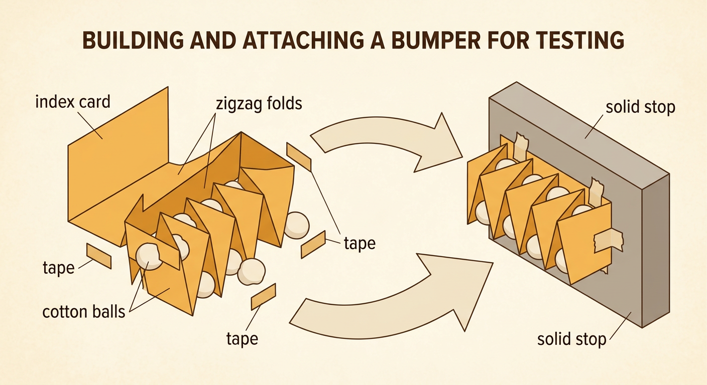 A folded index card bumper with cotton inside its zigzag shape is taped securely to a solid stop.