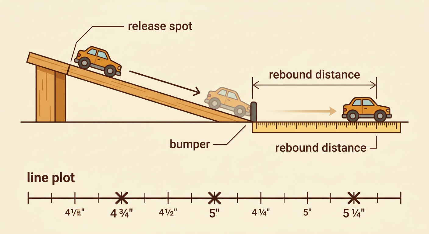 A toy car test setup shows a marked ramp release point, a measured rebound, and three results recorded on a line plot.