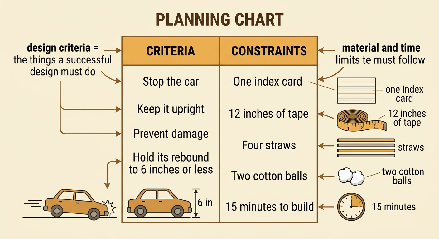 A challenge chart shows the required results beside the limited building materials and time.