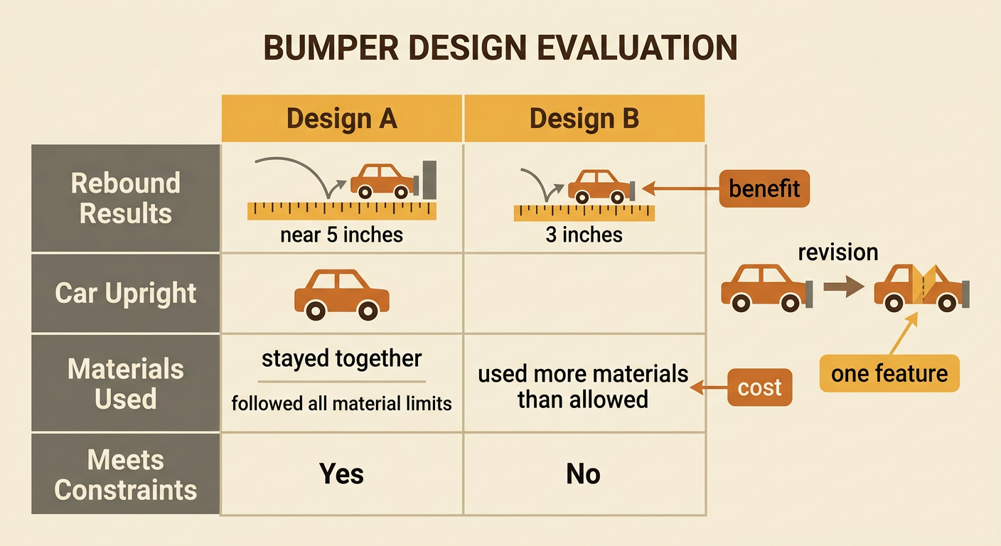 A comparison chart shows that Design A follows all rules while Design B has less rebound but uses too many materials.