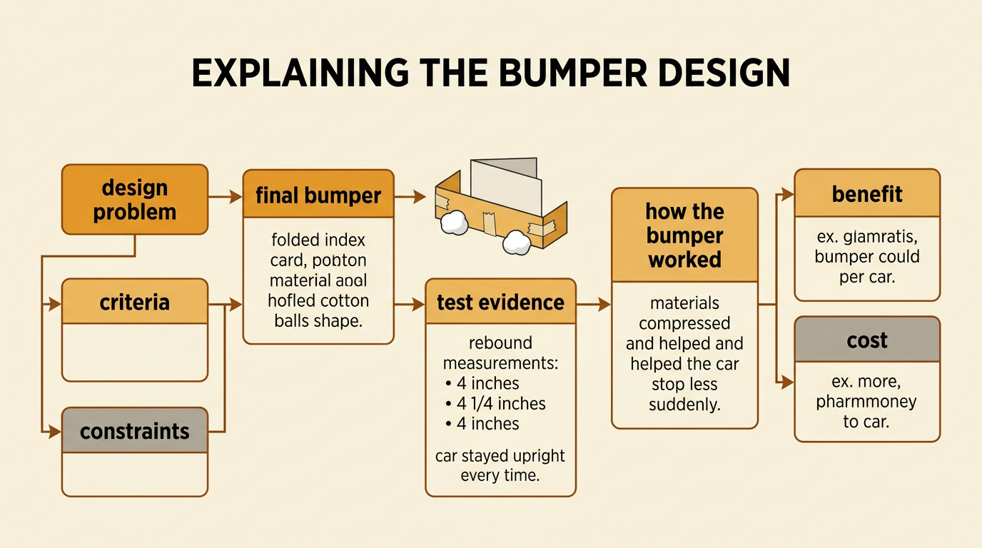 A final bumper sketch is displayed beside three rebound measurements and a short benefit-and-cost comparison.