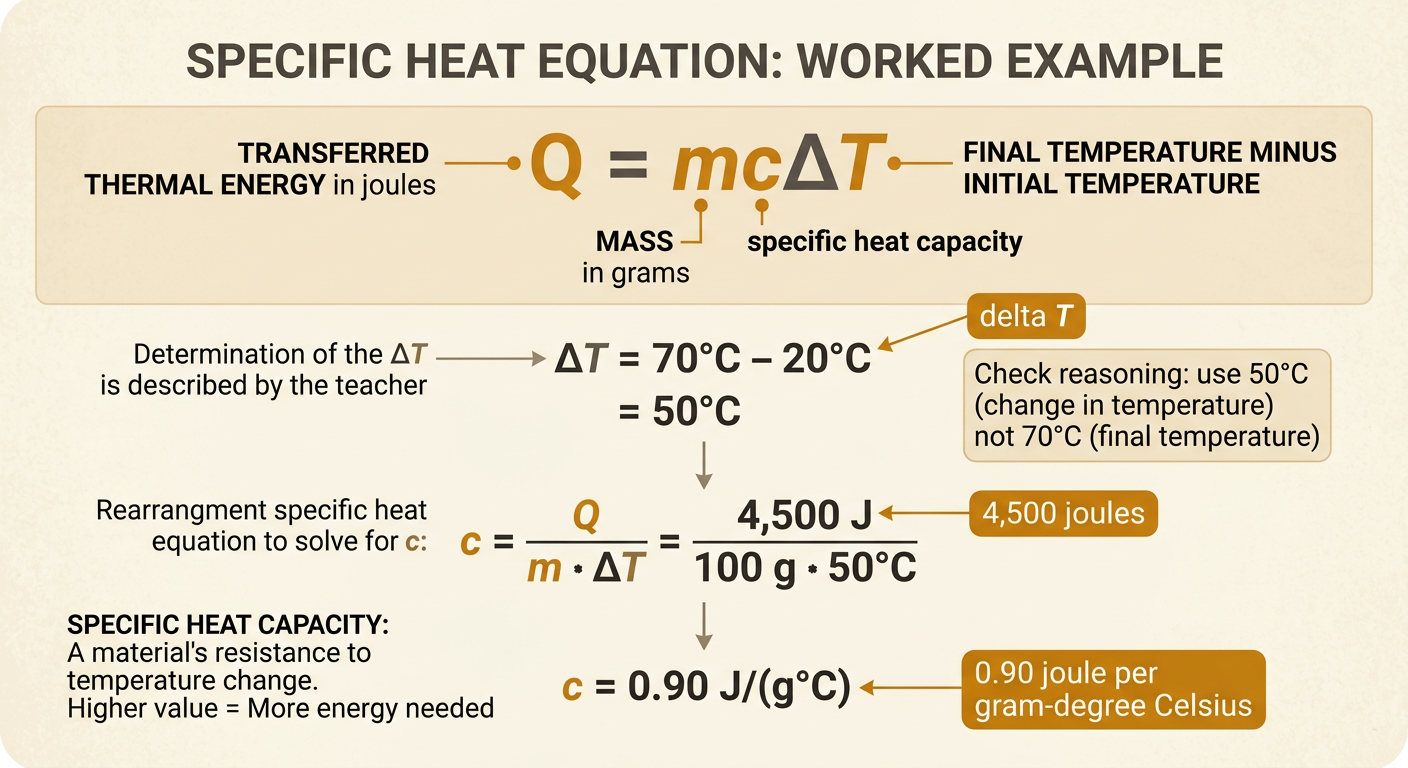 A worked calculation shows a 100-gram metal sample warming from 20°C to 70°C after absorbing 4,500 joules.