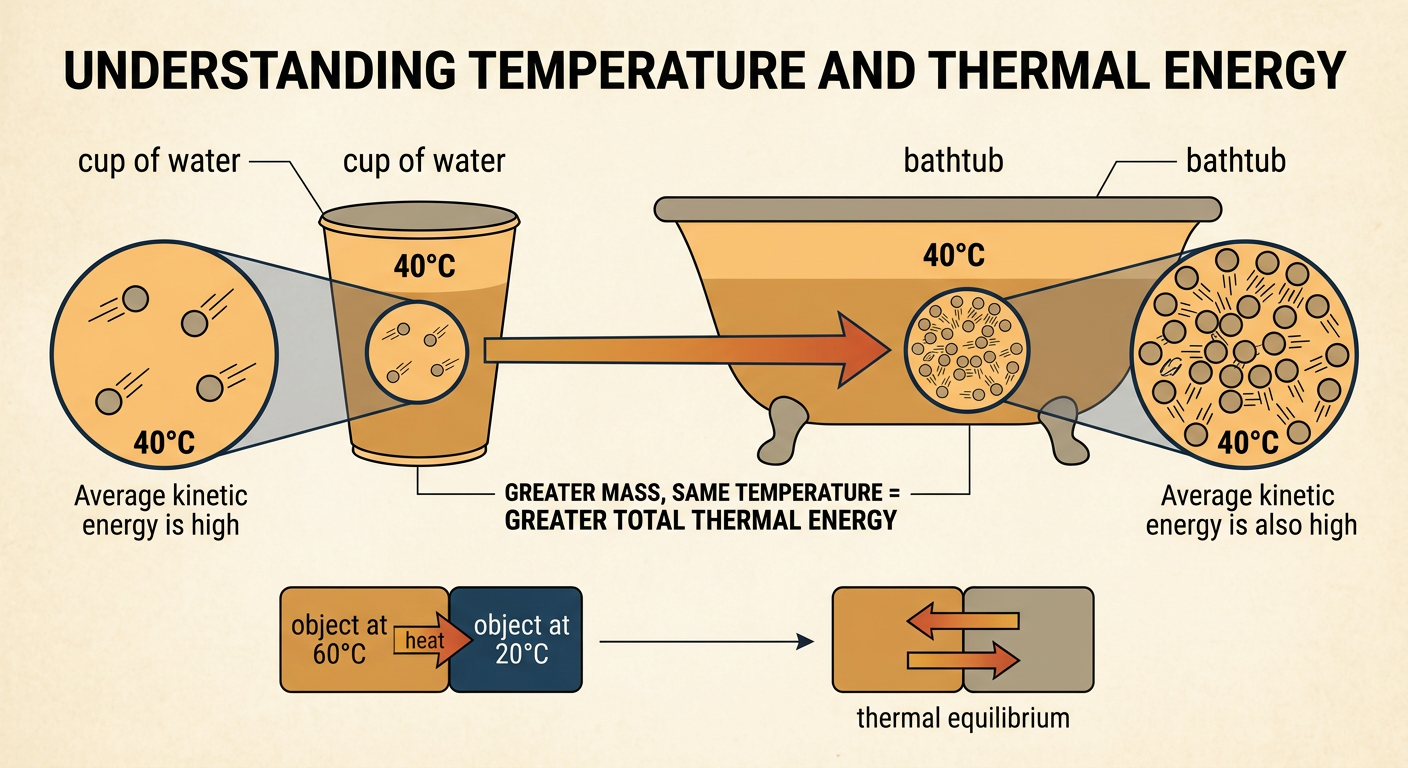 A cup and a full bathtub both at 40°C are shown with particle diagrams and a heat arrow toward a cooler object.
