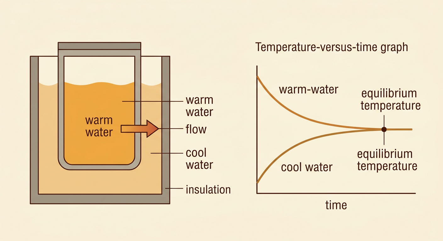 A sealed container of warm water sits in insulated cool water beside a graph whose temperature curves approach each other.