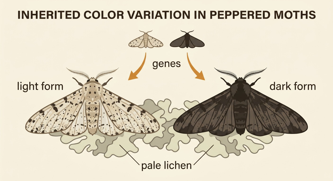 A light peppered moth and a dark peppered moth rest beside each other on a pale, lichen-covered tree.