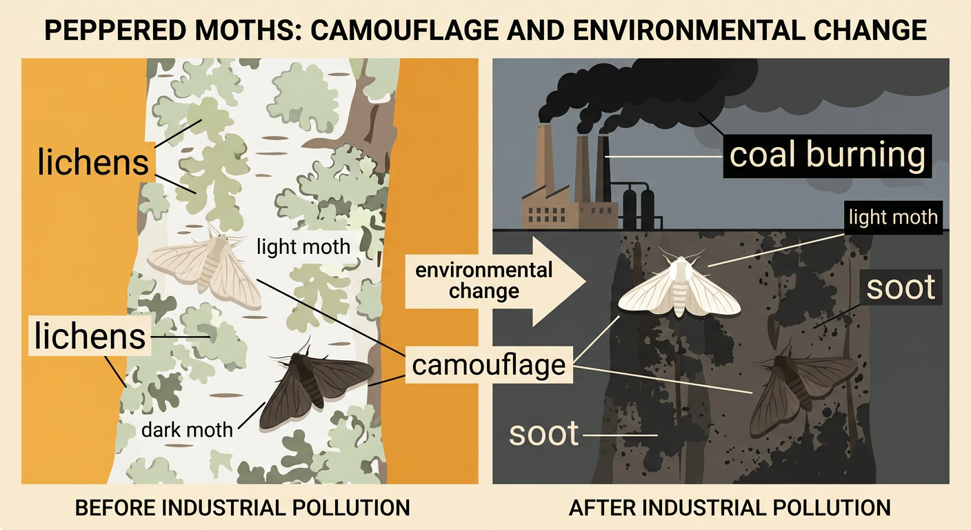 Coal smoke darkens one tree and damages its lichens while light and dark moths rest on the changed surface.
