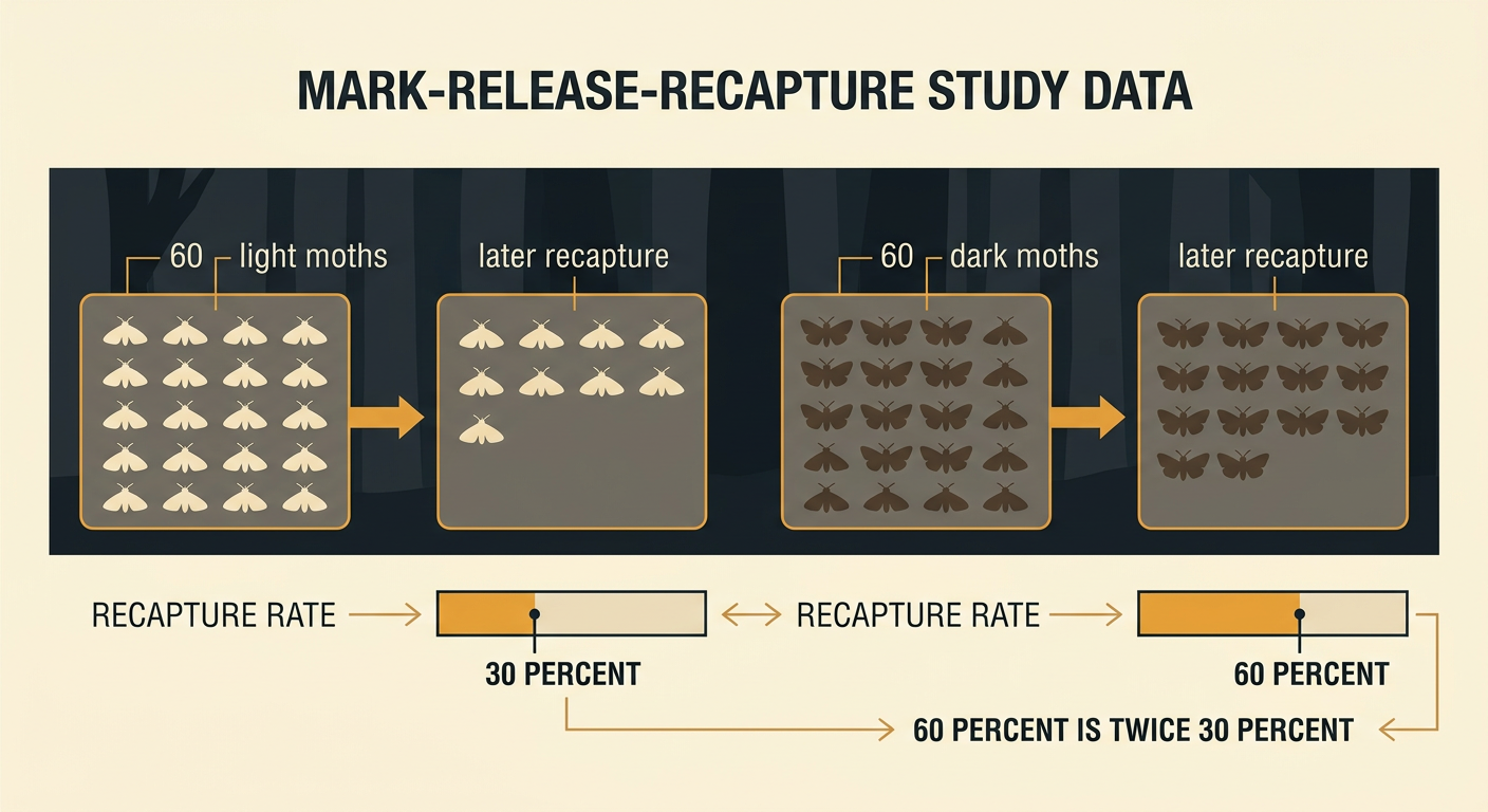 A simple data display compares equal releases and the recapture rates of light and dark moths in a dark woodland.