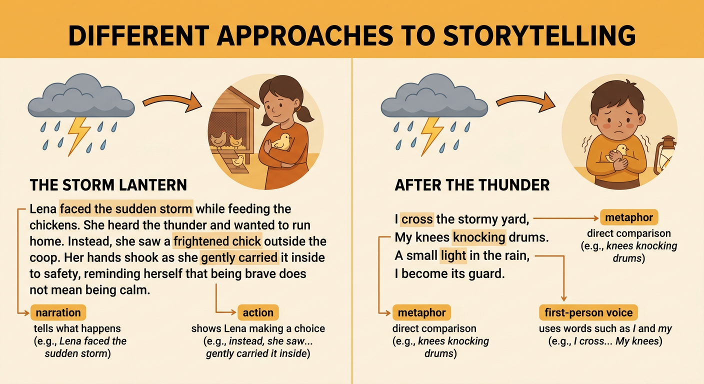 A split scene shows Lena rescuing a chick in the story and a first-person speaker crossing the rainy yard in the poem.