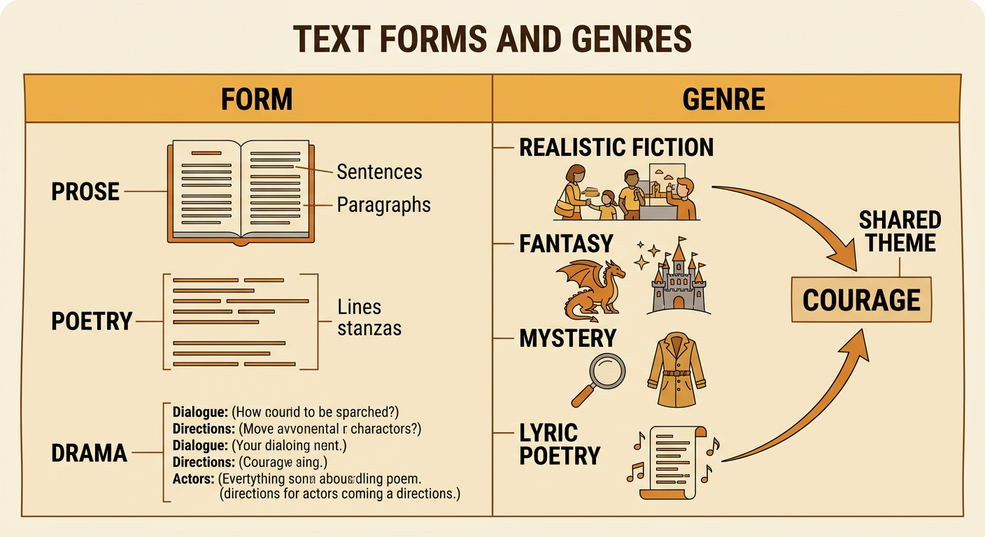 A comparison chart shows how prose, poetry, and drama are forms while genre describes each text’s category.