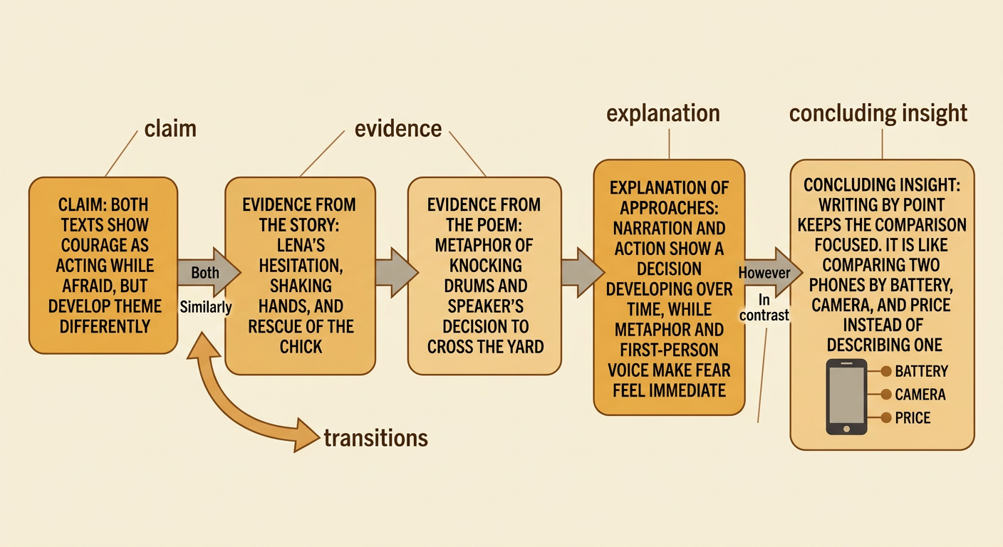 A paragraph organizer connects a comparison claim to evidence, explanation, and transitions from both texts.
