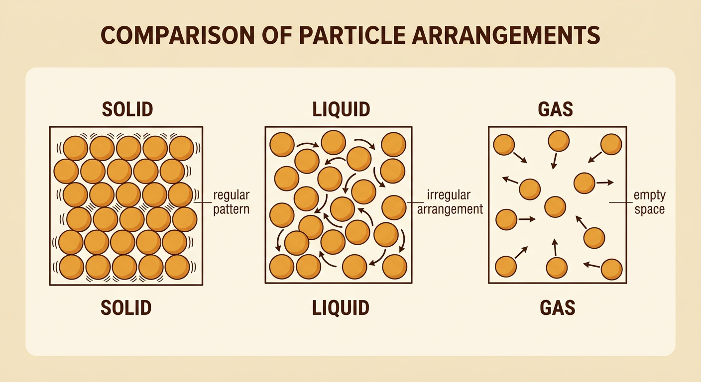 Three magnified particle diagrams compare the spacing and organization of a solid, liquid, and gas.