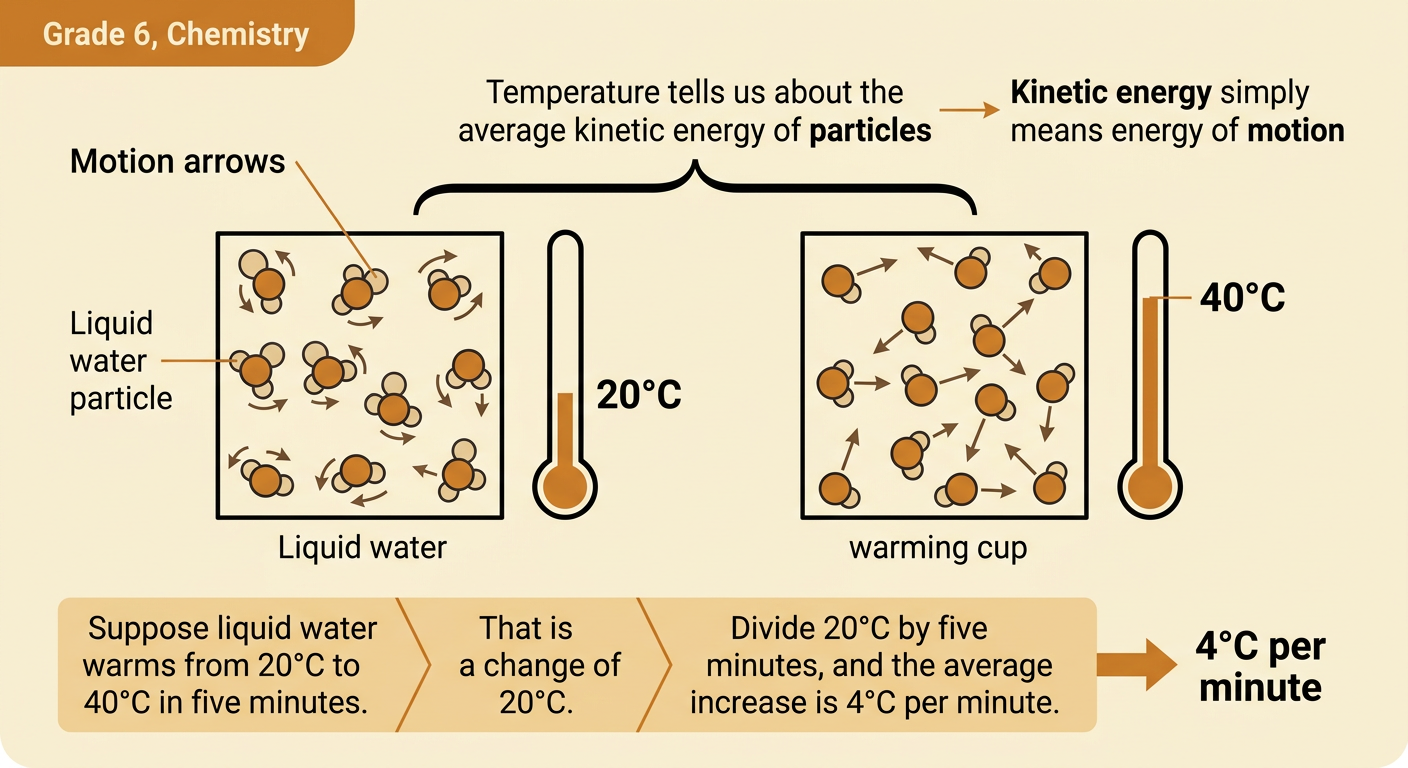 A cup of water warms beside a thermometer and particle-motion arrows, with the warming-rate calculation shown.
