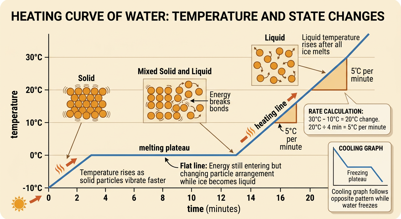 A temperature-time graph shows warming ice, a flat melting region, and warming liquid water.