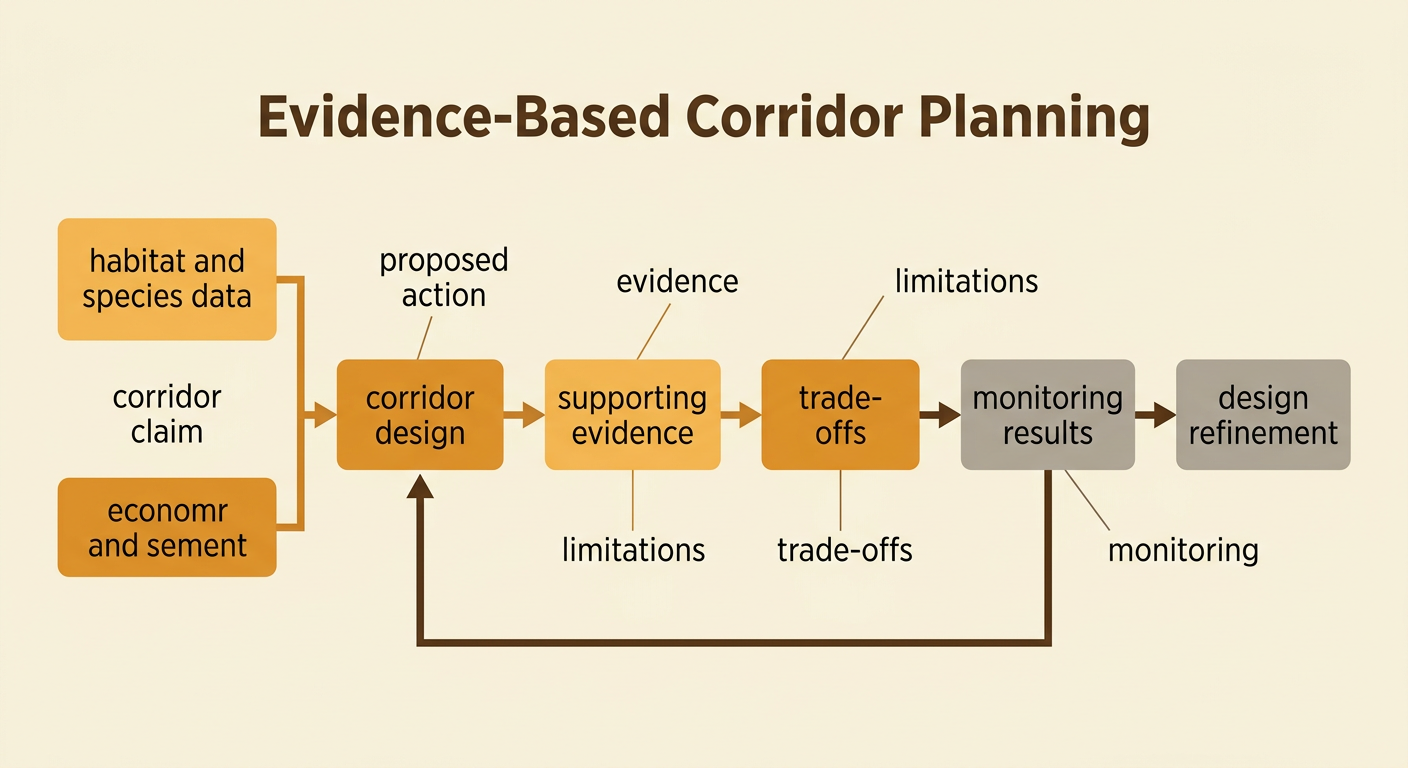 A conservation planning diagram connects a corridor proposal with supporting data, uncertainties, costs, benefits, and long-term measurements.