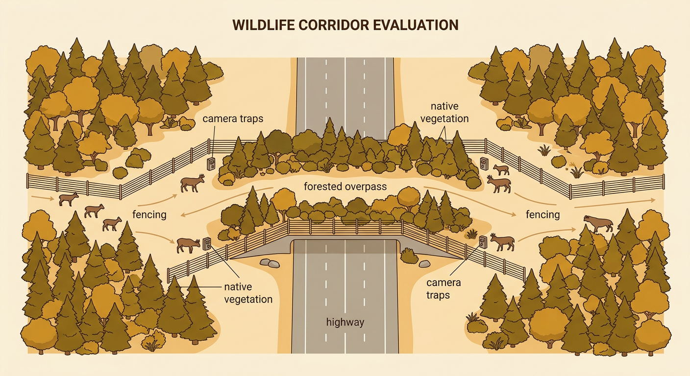 A vegetated wildlife overpass with guiding fences connects two forest patches above a highway.