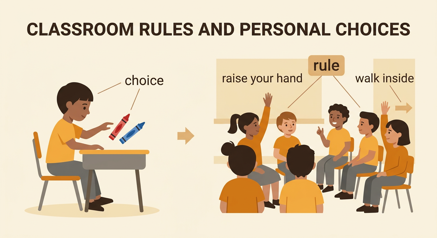 Children choose different crayons while everyone walks calmly indoors and one child raises a hand.