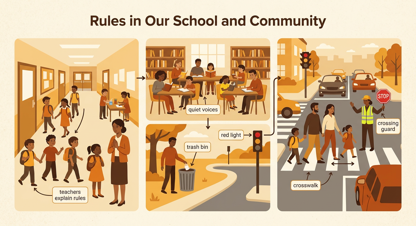 A community scene shows a quiet library, a clean park, and people crossing safely with a crossing guard.