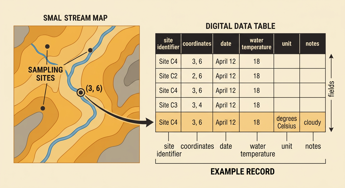 A digital table shows one complete environmental record for a water test at Willow Creek.