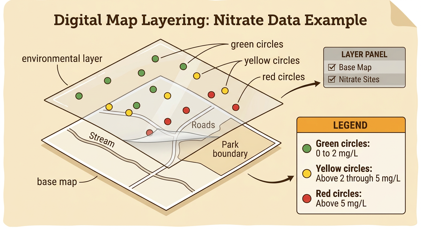 A stream base map is covered by a separate environmental layer of color-coded nitrate points and a legend.