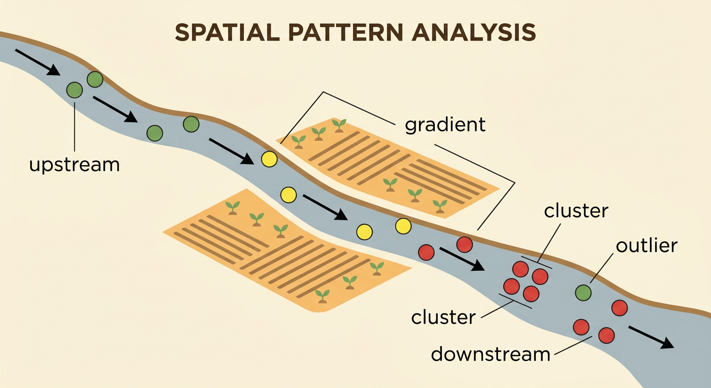A stream map shows low upstream readings, a high-reading cluster near fields, a downstream gradient, and one outlier.