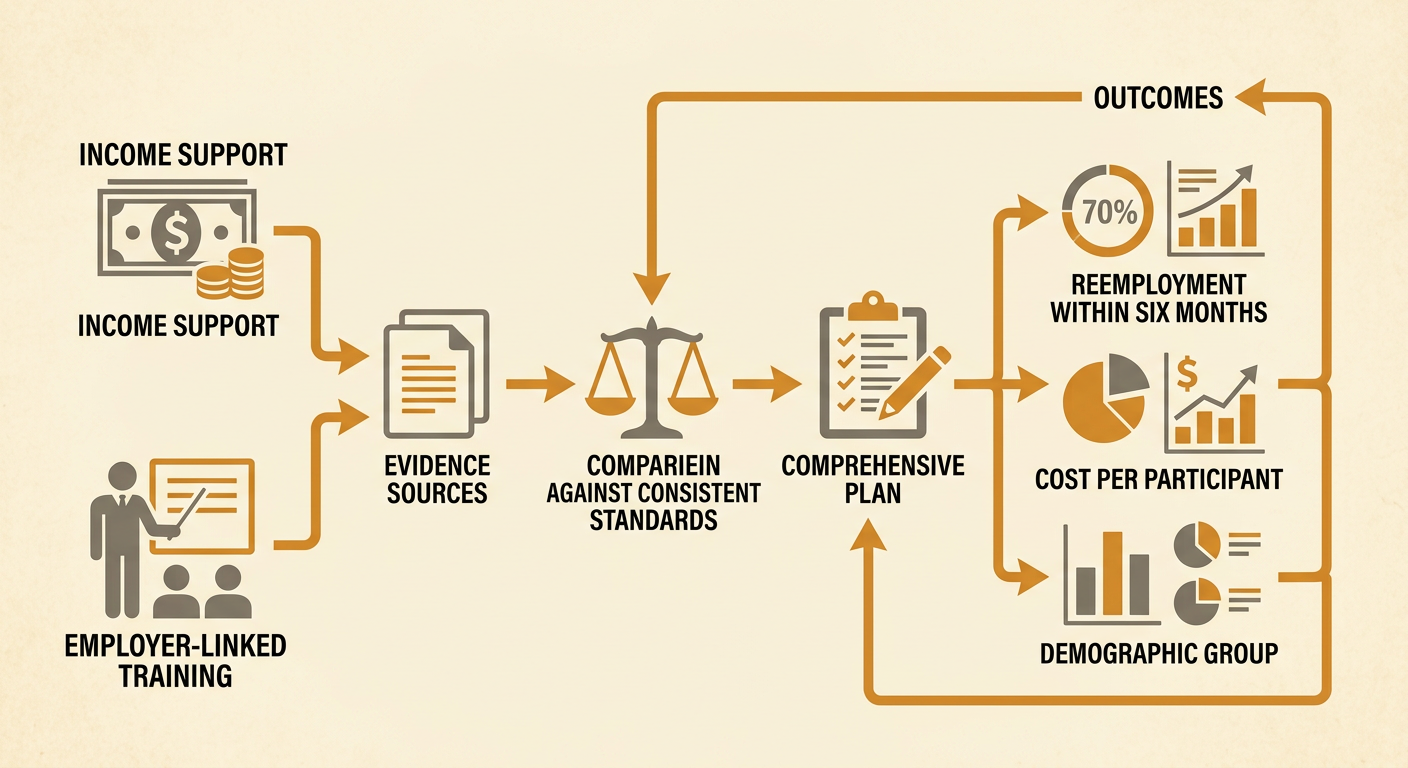 A state policy dashboard connects worker support programs to measurable employment, cost, and equity outcomes.
