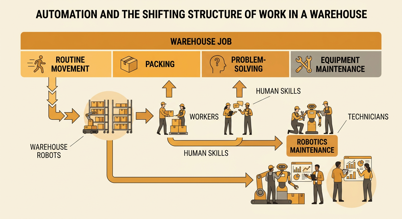 A warehouse diagram shows robots moving shelves while people pack orders, analyze data, and repair equipment.