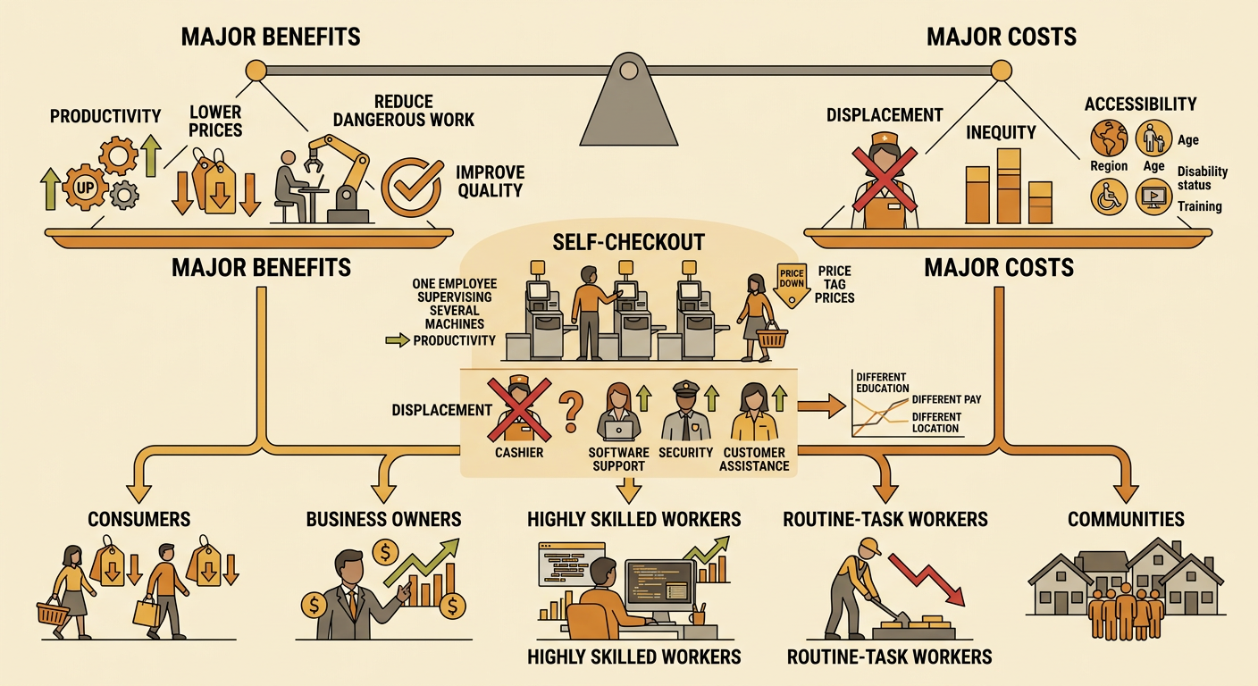 A self-checkout area contrasts increased output and lower prices with a cashier seeking training for a new role.