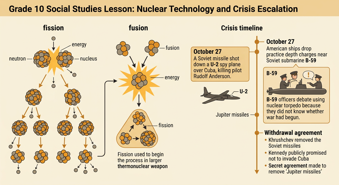 An illustrated October 27 timeline connects nuclear chain reactions, the downed aircraft, the submarine encounter, and the missile settlement.