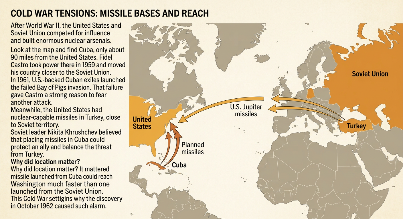 A Cold War map shows the positions of the three countries and American missiles near Soviet territory.