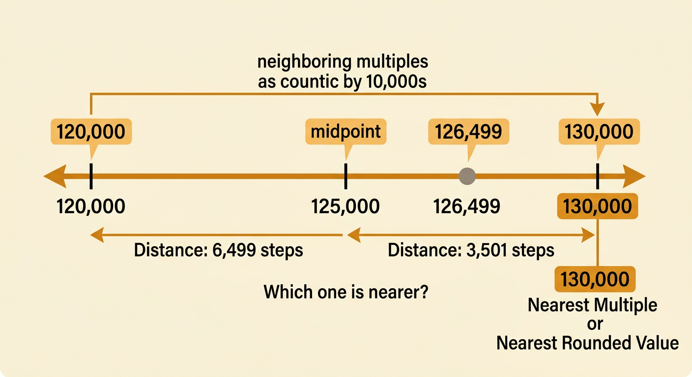 A number line compares 126,499 with neighboring multiples 120,000 and 130,000 around the midpoint 125,000.