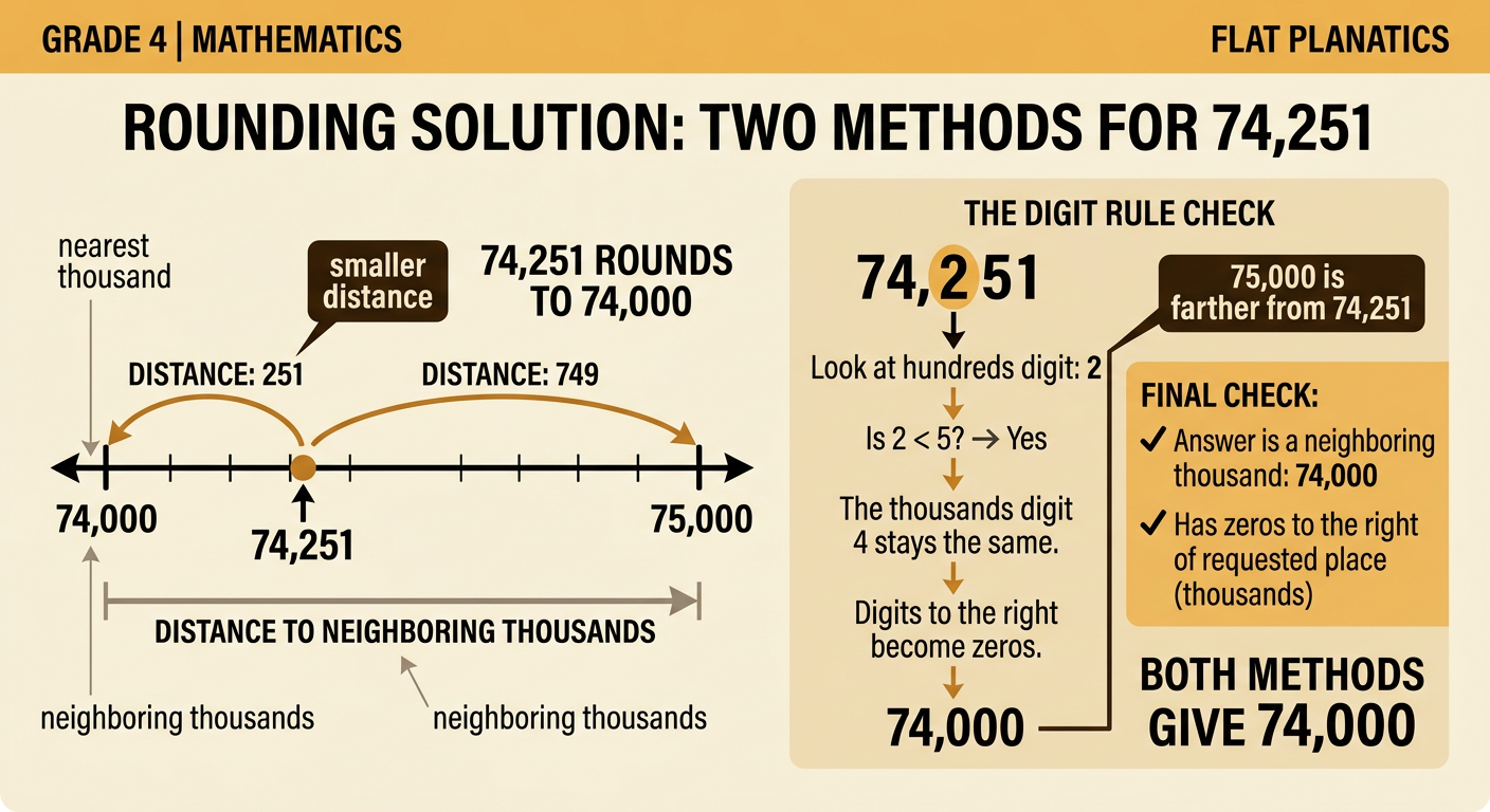 A distance diagram shows 74,251 between its neighboring thousands, with the shorter distance leading to 74,000.