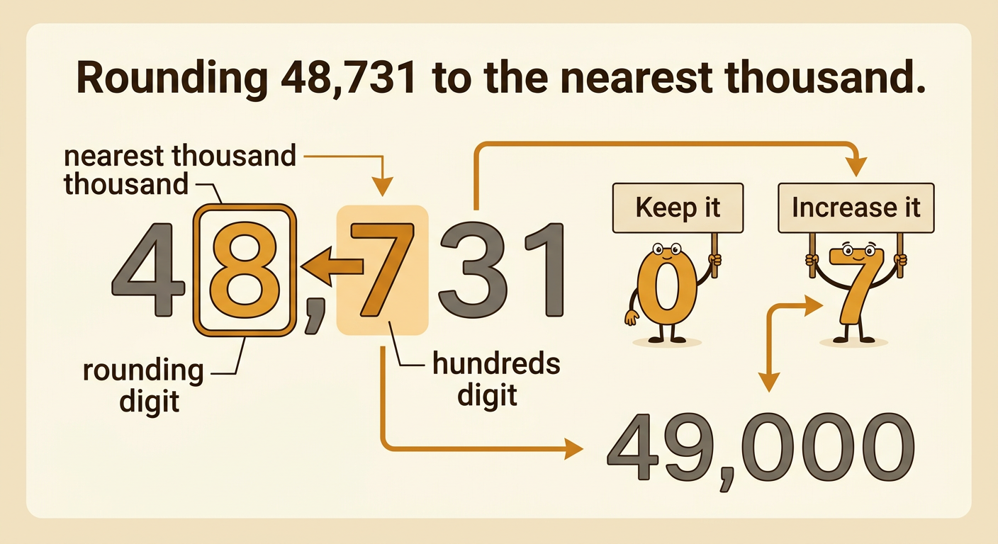 A place-value diagram highlights the 8 as the rounding digit and the 7 as the hundreds digit, then shows 49,000.